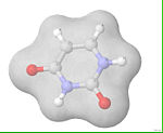 Urasiilin kemiallinen rakenne. Atomit on värjätty seuraavasti:happi punainen, hiili harmaa, typpi sininen, vety valkoinen