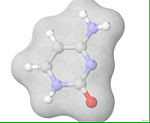 Sytosiinin kemiallinen rakenne. Atomit on värjätty seuraavasti:happi punainen, hiili harmaa, typpi sininen, vety valkoinen
